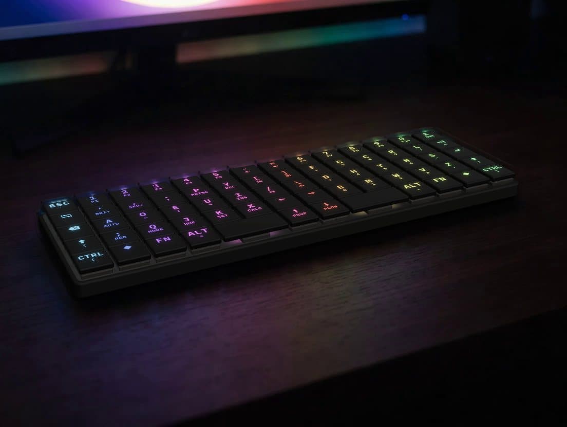 KeBe v2 on a desk at night, its legends lit in a rainbow by the per-key RGB.