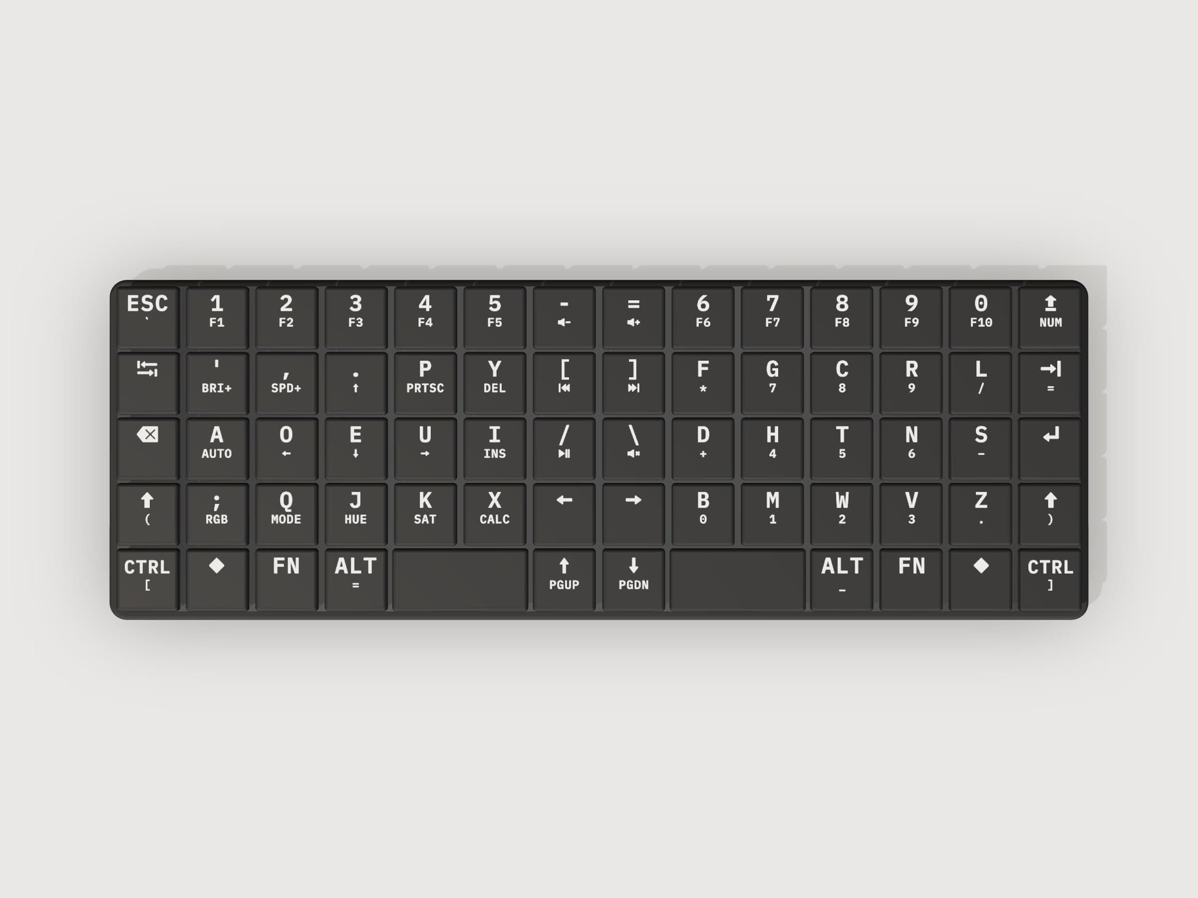 KeBe v2 from above: 68 keys on a regular grid, with the legends in capitals.